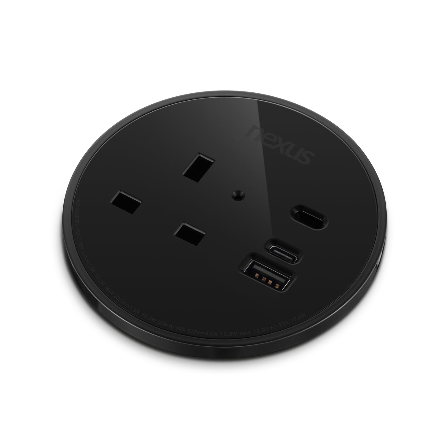 80mm In-Desk Power Module x1 240V UK Socket and 30W USB-C, 27W USB-A|Black-Black