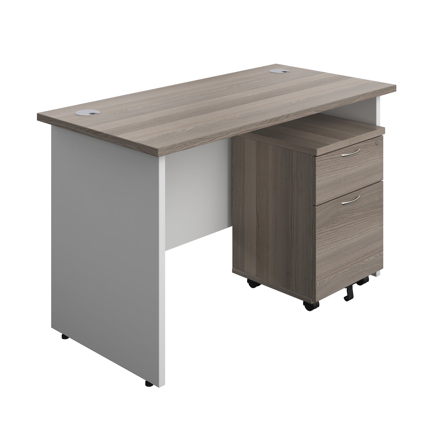 Aztec|Panel Plus|Rectangular Desk with 2 Drawer Mobile Pedestal|1200x600|Grey Oak-White