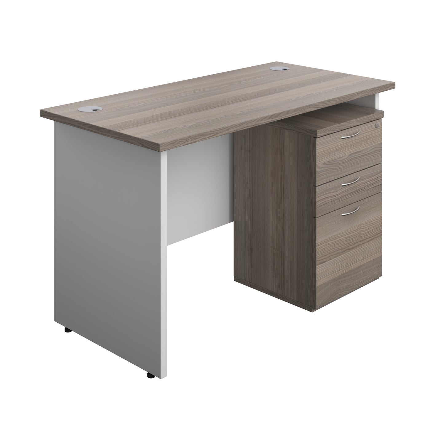 Aztec|Panel Plus|Rectangular Desk with 3 Drawer High Mobile Pedestal|1200x600|Grey Oak-White