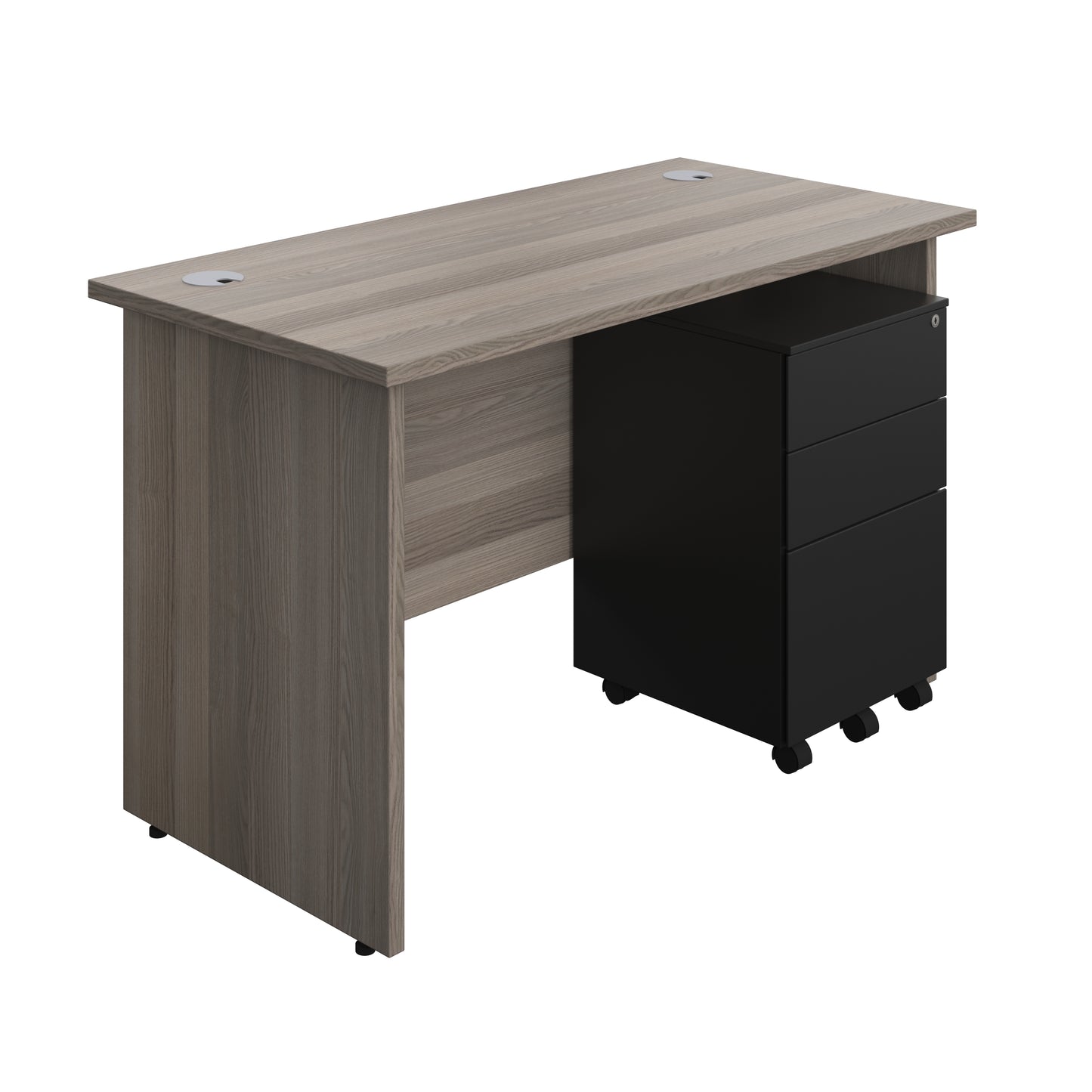 Aztec|Panel Plus|Rectangular Desk with 3 Drawer Steel Pedestal|1200x600|Grey Oak-Black