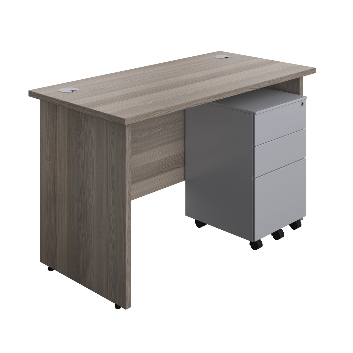 Aztec|Panel Plus|Rectangular Desk with 3 Drawer Steel Pedestal|1200x600|Grey Oak-Silver