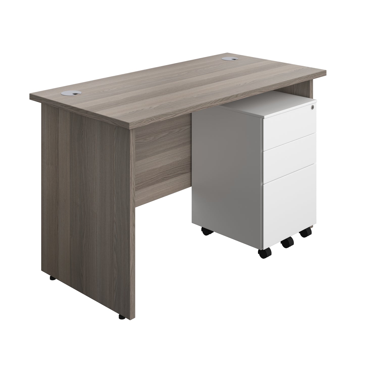Aztec|Panel Plus|Rectangular Desk with 3 Drawer Steel Pedestal|1200x600|Grey Oak-White