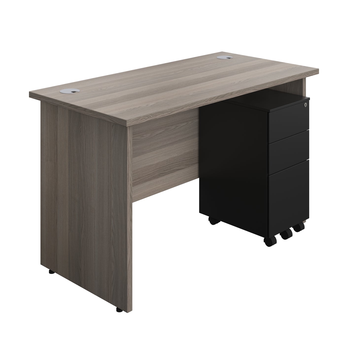 Aztec|Panel Plus|Rectangular Desk with 3 Drawer Black Slimline Steel Pedestal|1200x600|Grey Oak-Grey Oak
