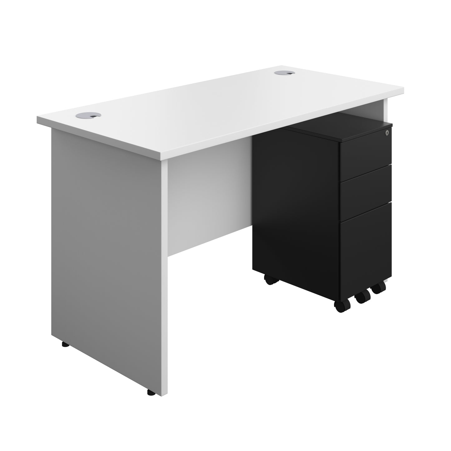 Aztec|Panel Plus|Rectangular Desk with 3 Drawer Black Slimline Steel Pedestal|1200x600|White-White