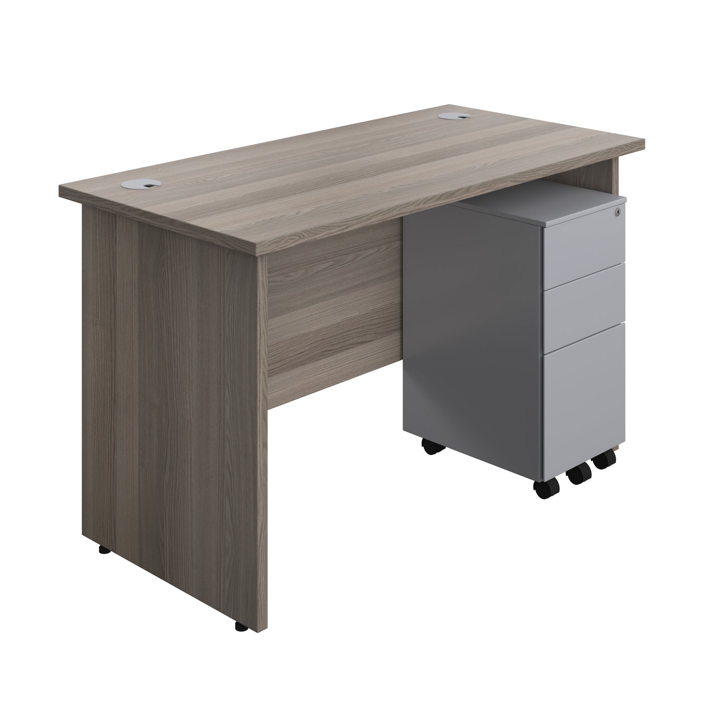 Aztec|Panel Plus|Rectangular Desk with 3 Drawer Silver Slimline Steel Pedestal|1200x600|Grey Oak-Grey Oak