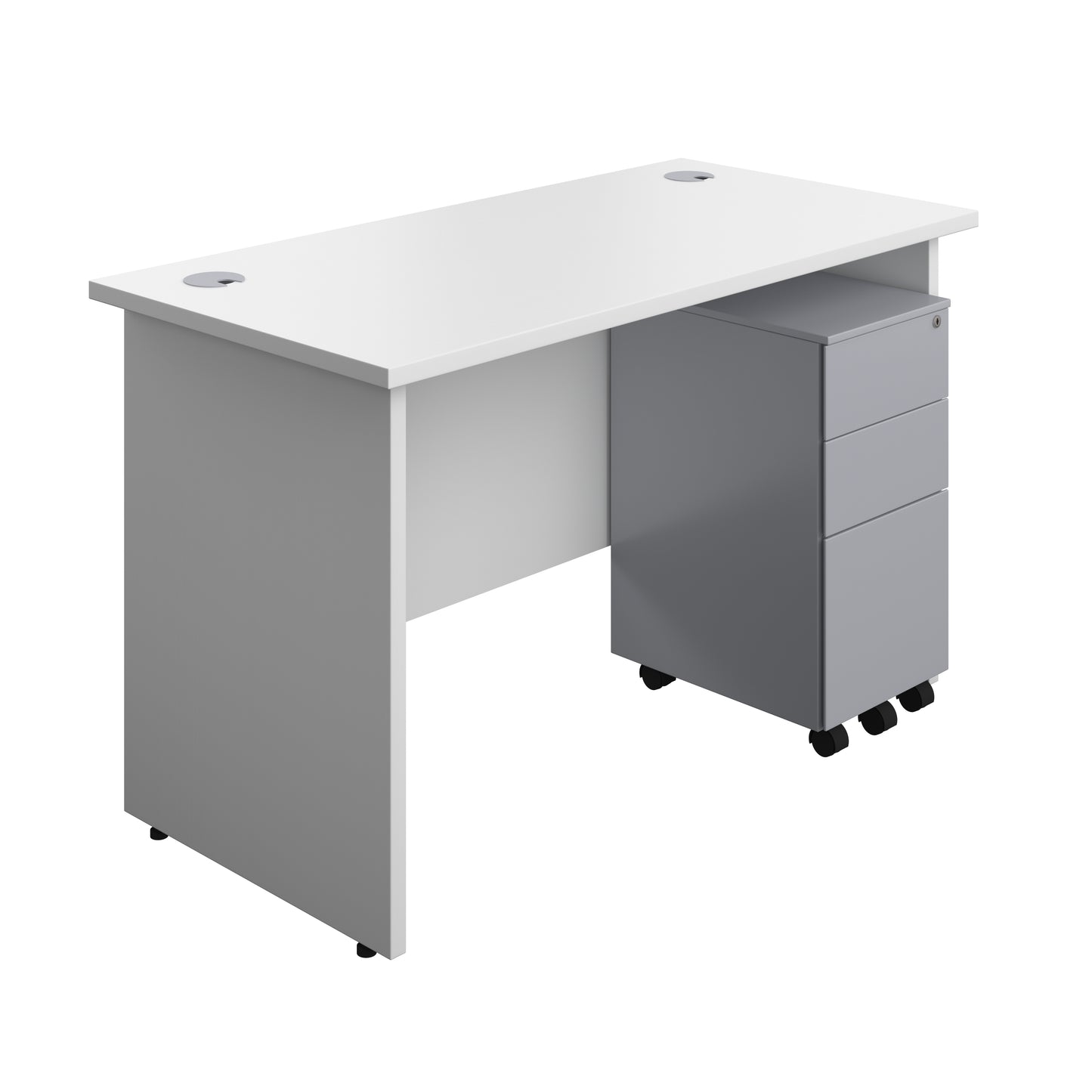 Aztec|Panel Plus|Rectangular Desk with 3 Drawer Silver Slimline Steel Pedestal|1200x600|White-White