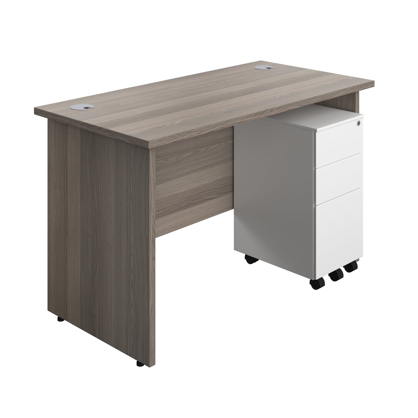Aztec|Panel Plus|Rectangular Desk with 3 Drawer White Slimline Steel Pedestal|1200x600|Grey Oak-Grey Oak