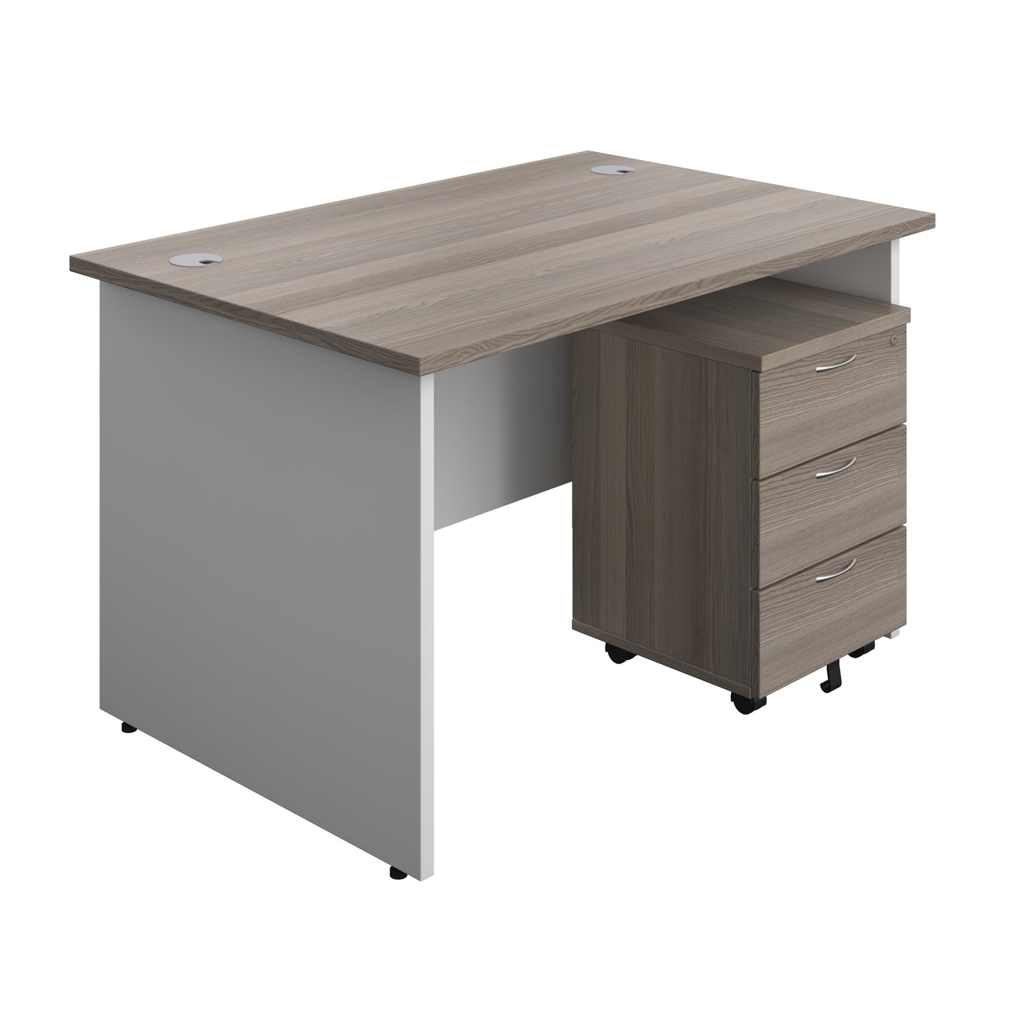Aztec|Panel|Rectangular Desk with 3 Drawer Mobile Pedestal|1200x800|Grey Oak-White
