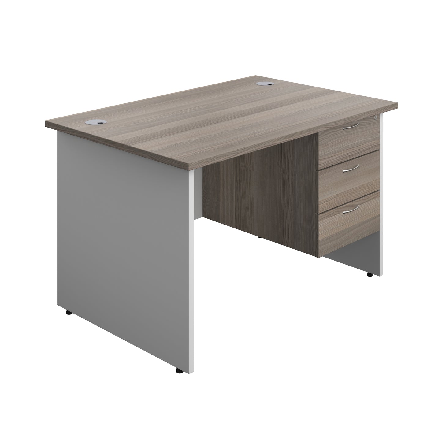 Aztec|Panel|Rectangular Desk with 3 Drawer Fixed Pedestal|1200x800|Grey Oak-White