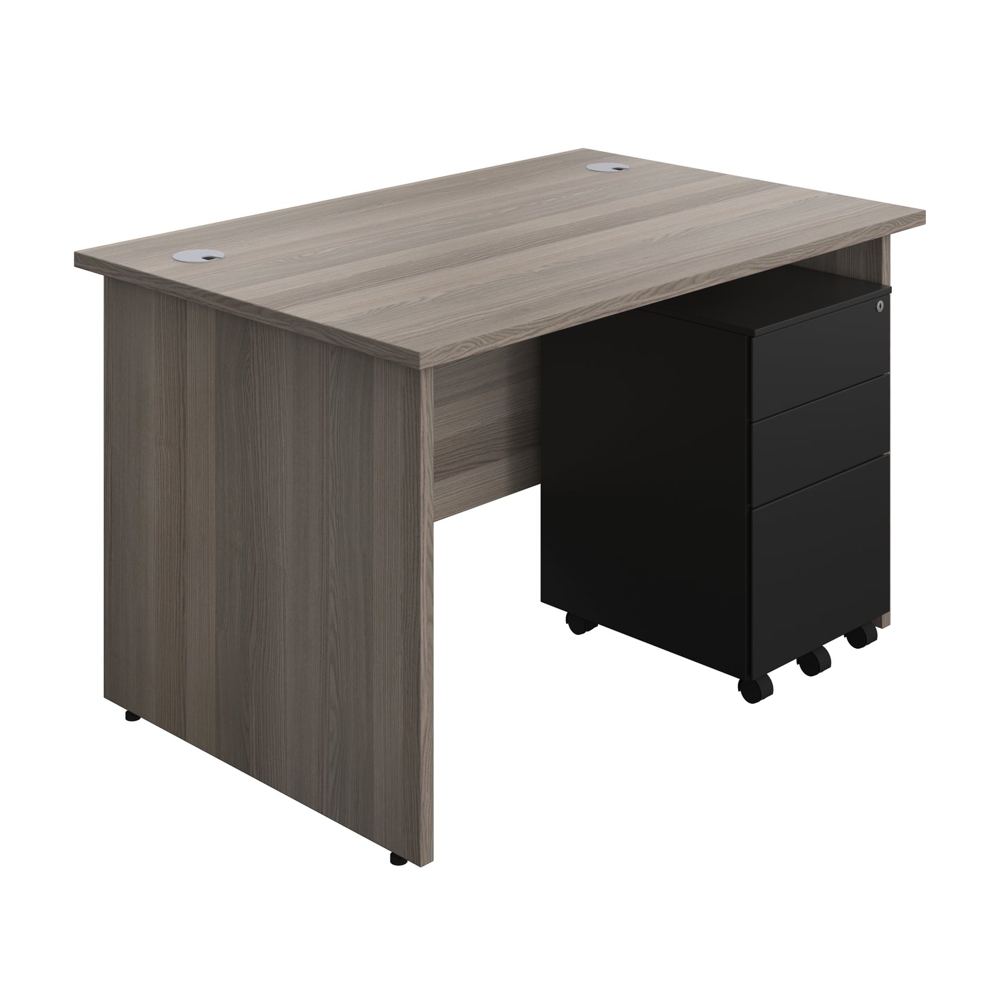 Aztec|Panel|Rectangular Desk with 3 Drawer Black Steel Pedestal|1200x800|Grey Oak