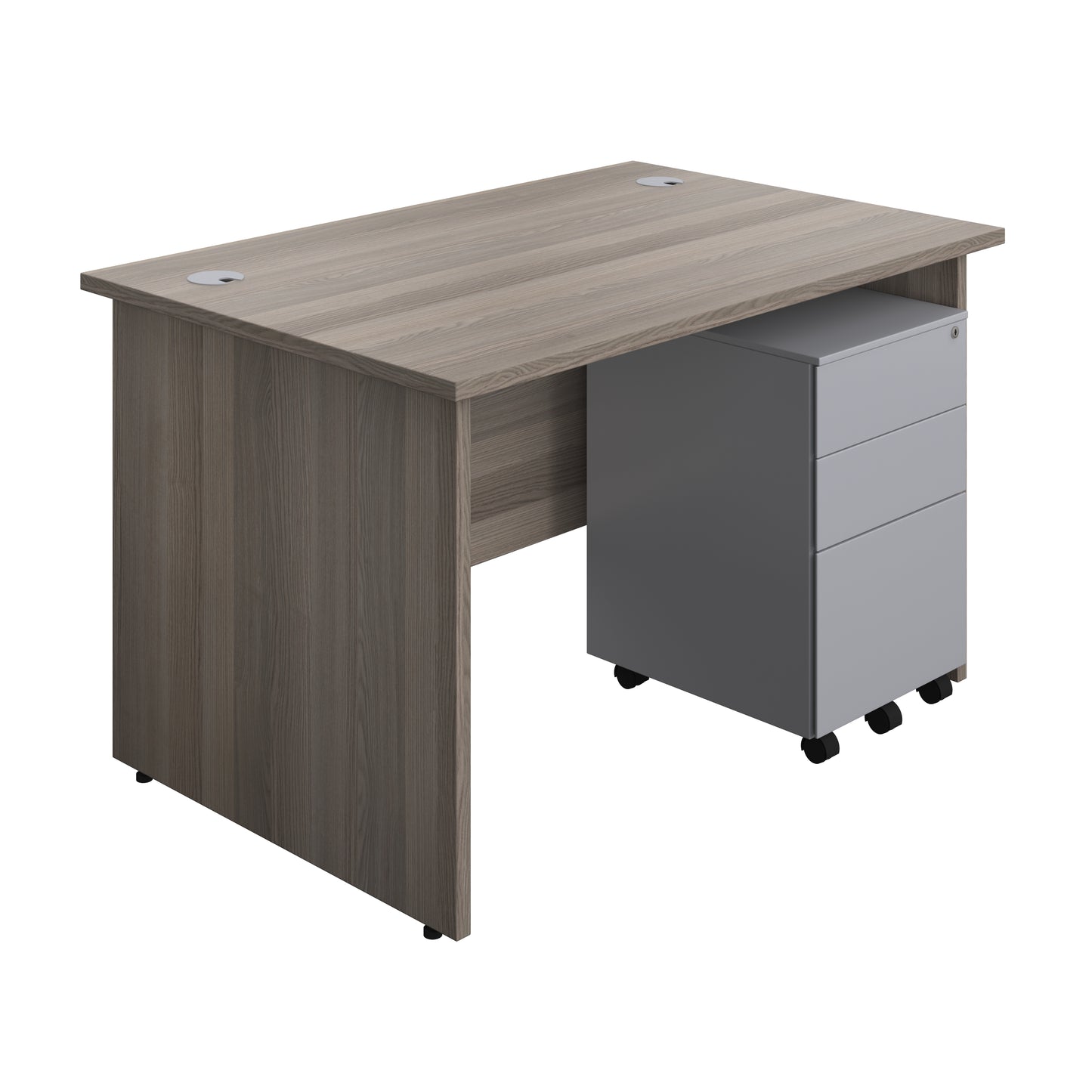 Aztec|Panel|Rectangular Desk with 3 Drawer Silver Steel Pedestal|1200x800|Grey Oak