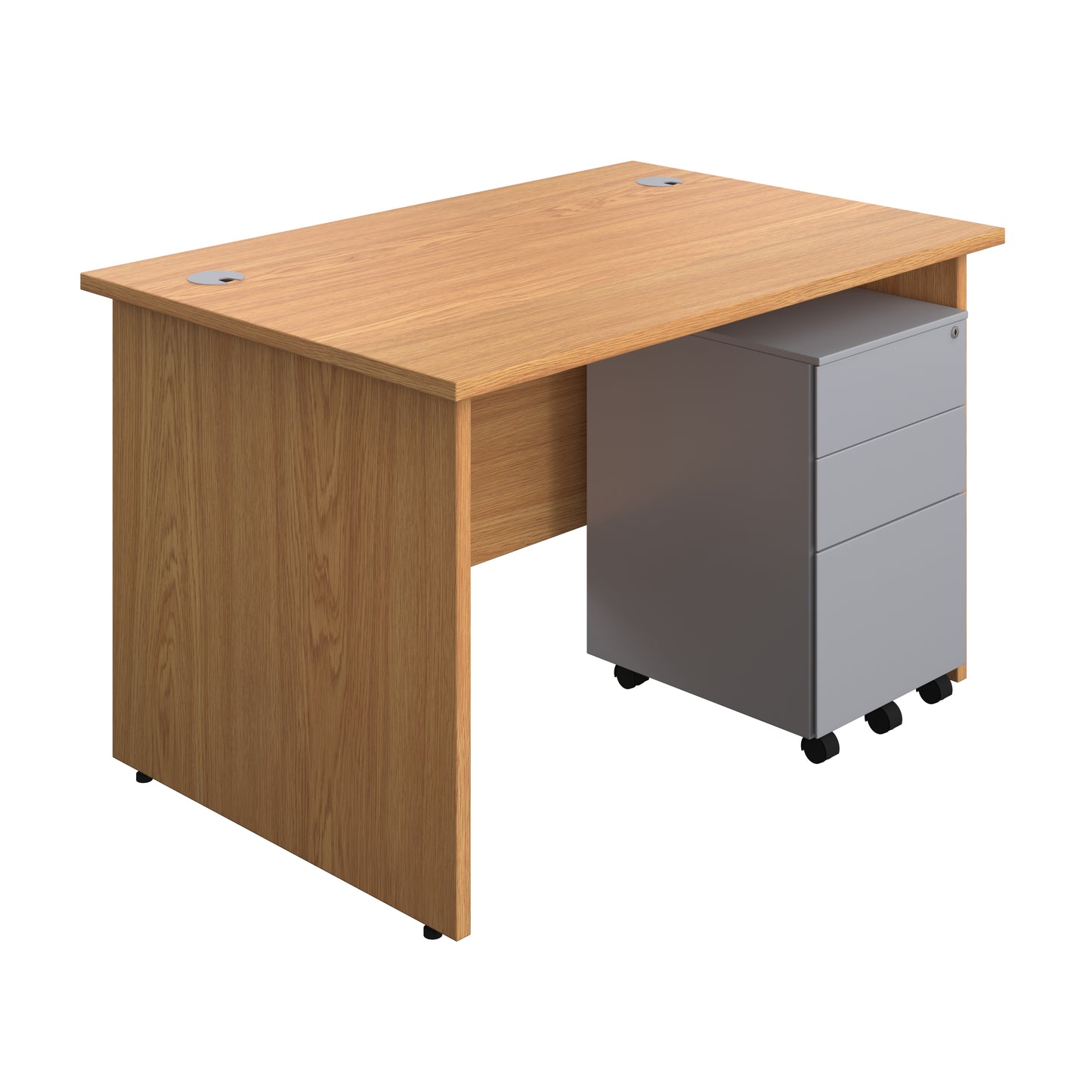 Aztec|Panel|Rectangular Desk with 3 Drawer Silver Steel Pedestal|1200x800|Nova Oak