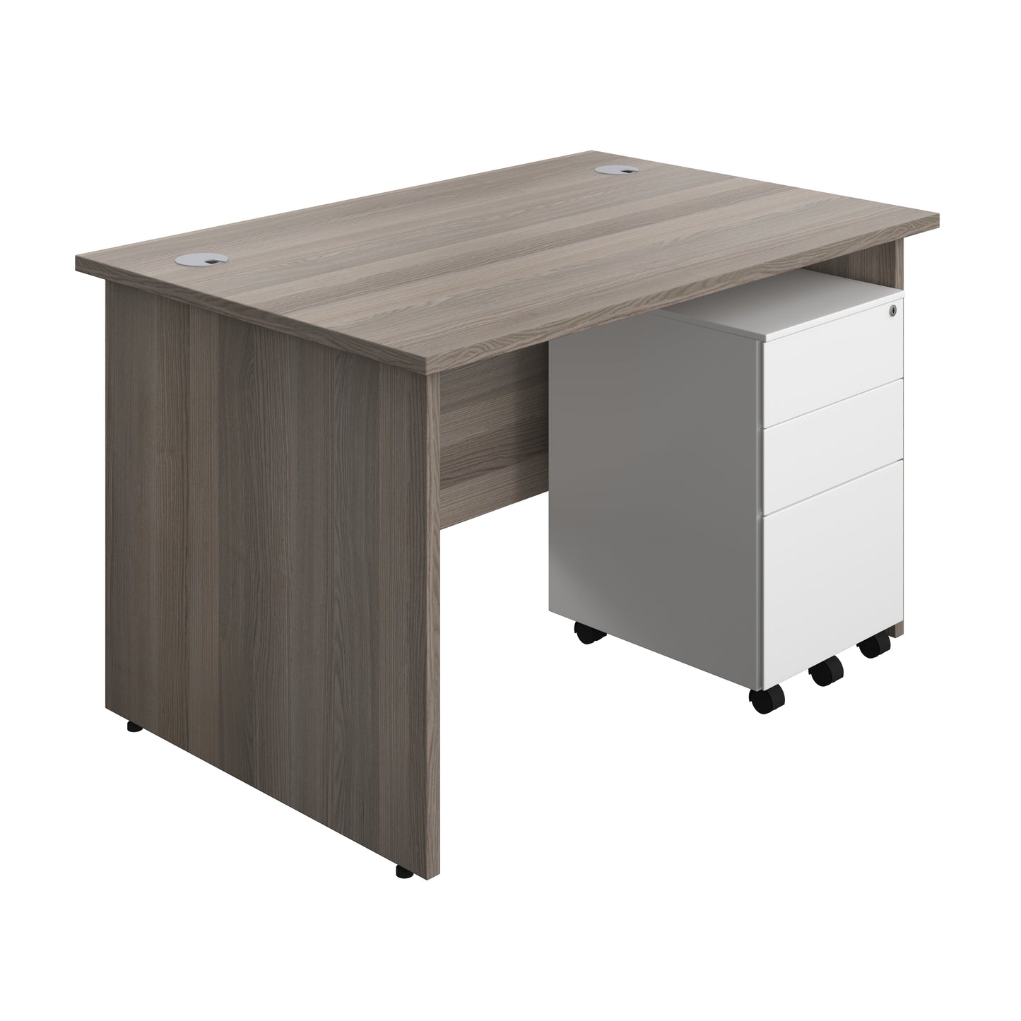 Aztec|Panel|Rectangular Desk with 3 Drawer White Steel Pedestal|1200x800|Grey Oak