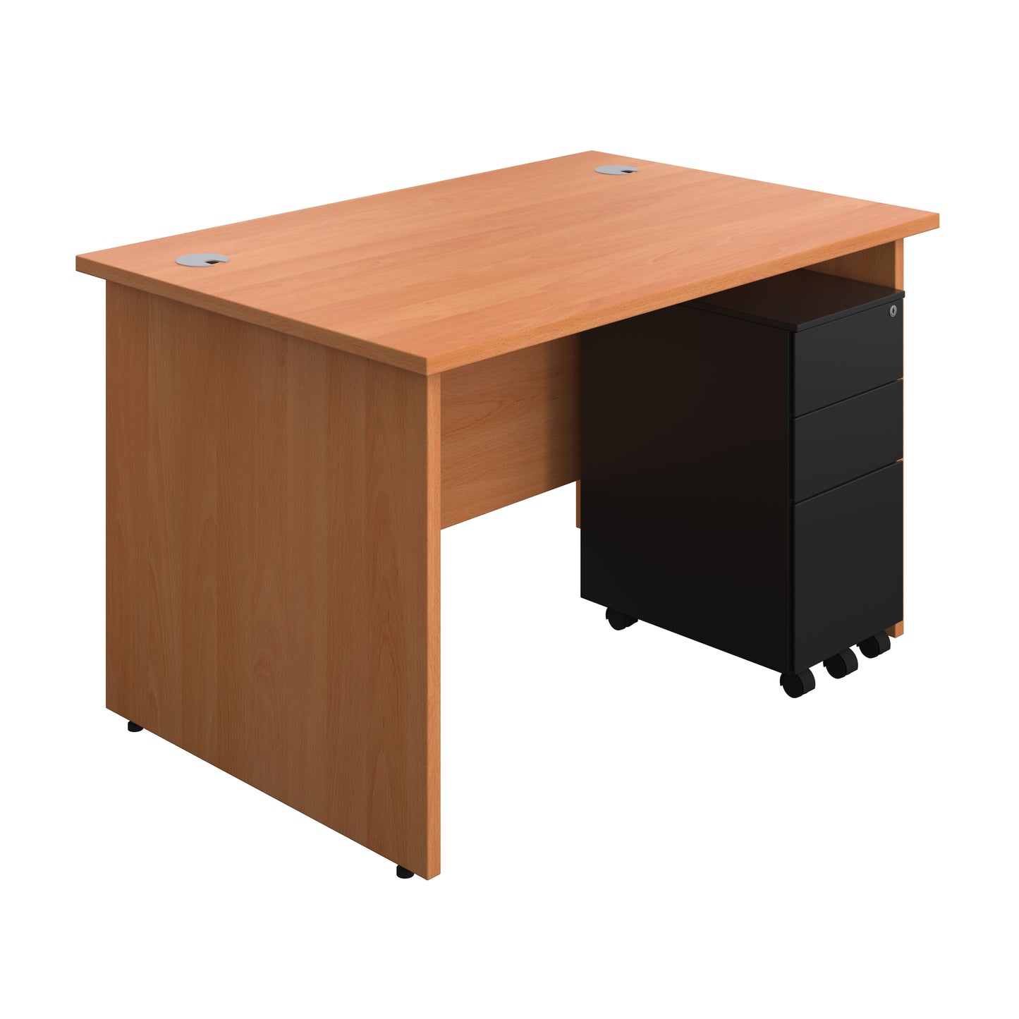 Aztec|Panel|Rectangular Desk with 3 Drawer Black Slimline Steel Pedestal|1200x800|Beech
