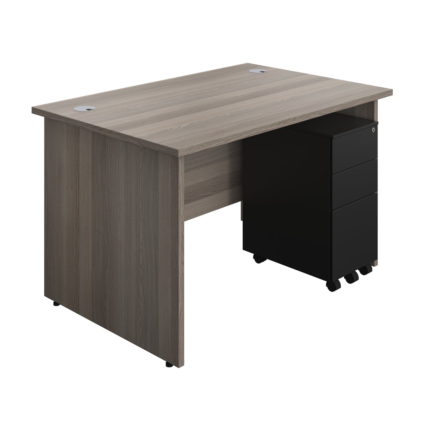 Aztec|Panel|Rectangular Desk with 3 Drawer Black Slimline Steel Pedestal|1200x800|Grey Oak