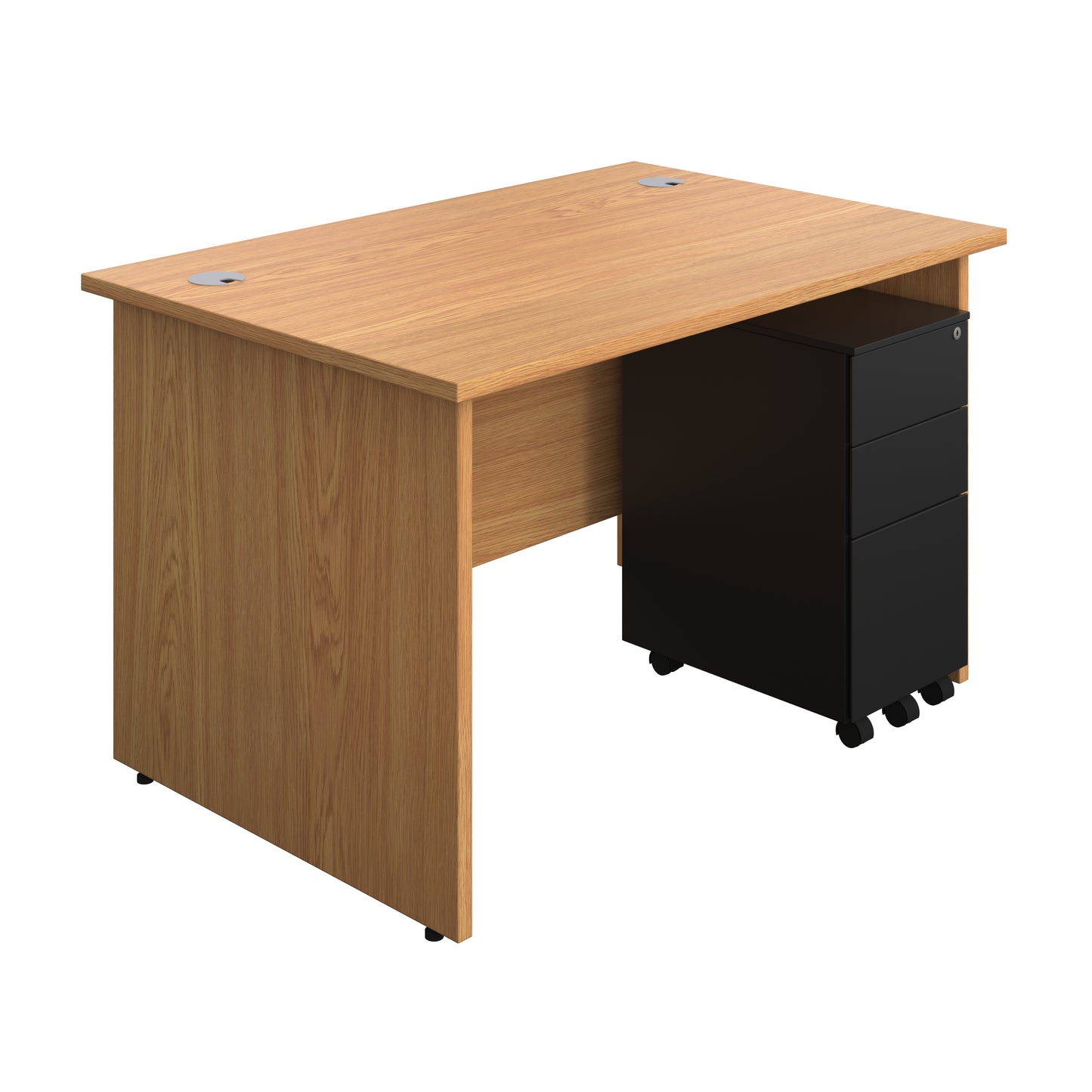 Aztec|Panel|Rectangular Desk with 3 Drawer Black Slimline Steel Pedestal|1200x800|Nova Oak