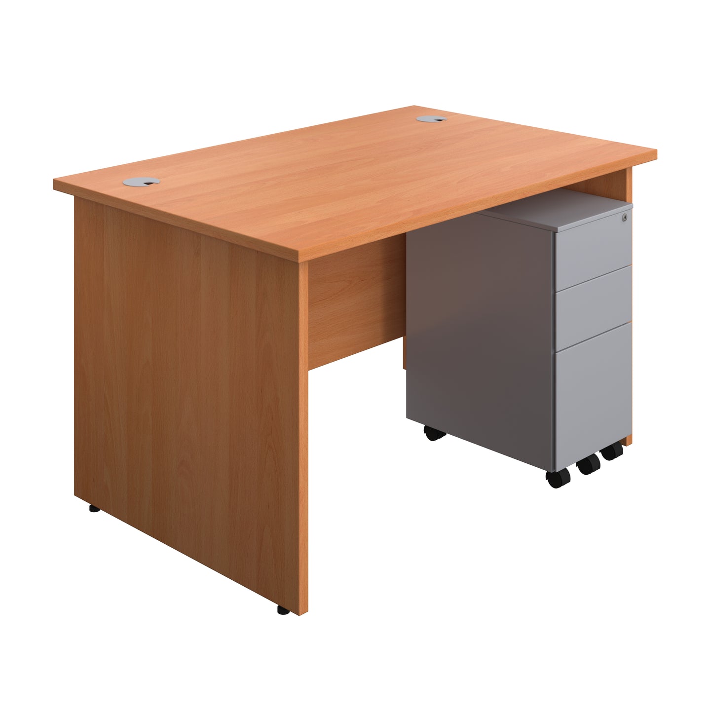 Aztec|Panel|Rectangular Desk with 3 Drawer Silver Slimline Steel Pedestal|1200x800|Beech