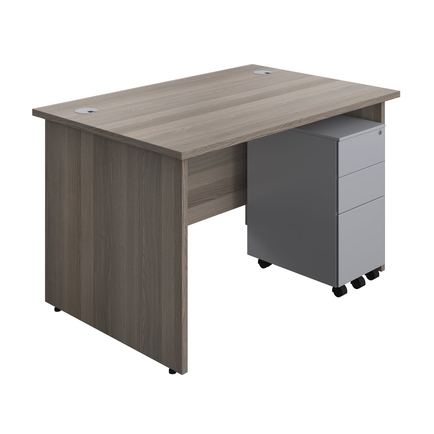 Aztec|Panel|Rectangular Desk with 3 Drawer Silver Slimline Steel Pedestal|1200x800|Grey Oak