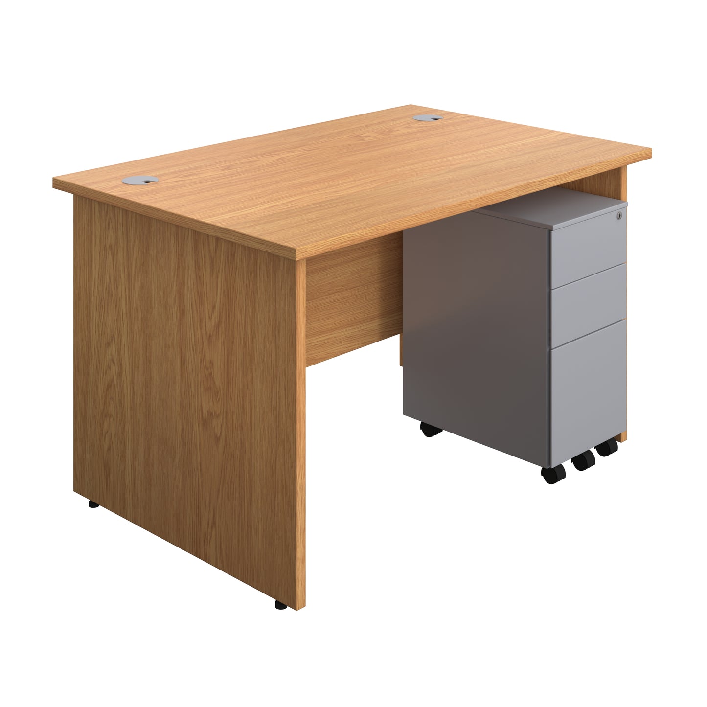 Aztec|Panel|Rectangular Desk with 3 Drawer Silver Slimline Steel Pedestal|1200x800|Nova Oak