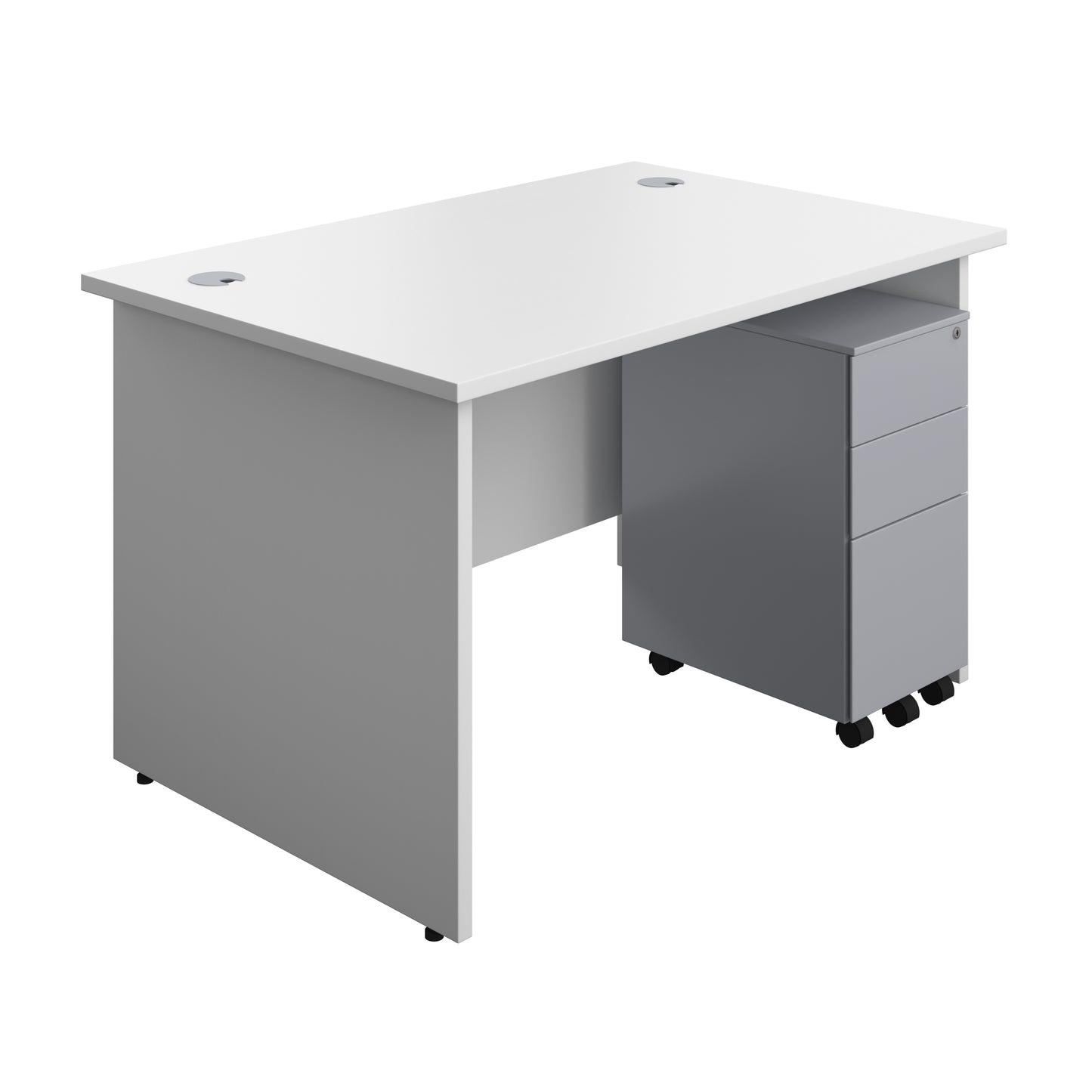 Aztec|Panel|Rectangular Desk with 3 Drawer Silver Slimline Steel Pedestal|1200x800|White
