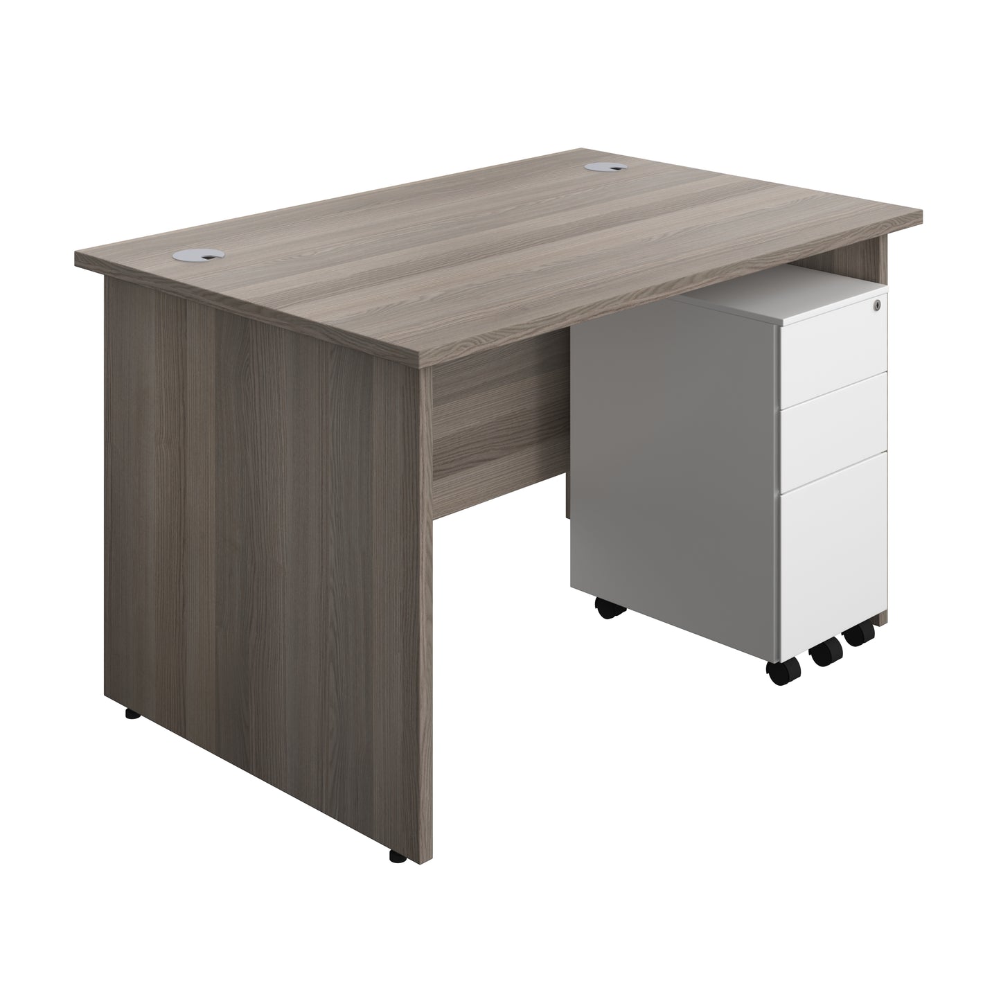 Aztec|Panel|Rectangular Desk with 3 Drawer White Slimline Steel Pedestal|1200x800|Grey Oak