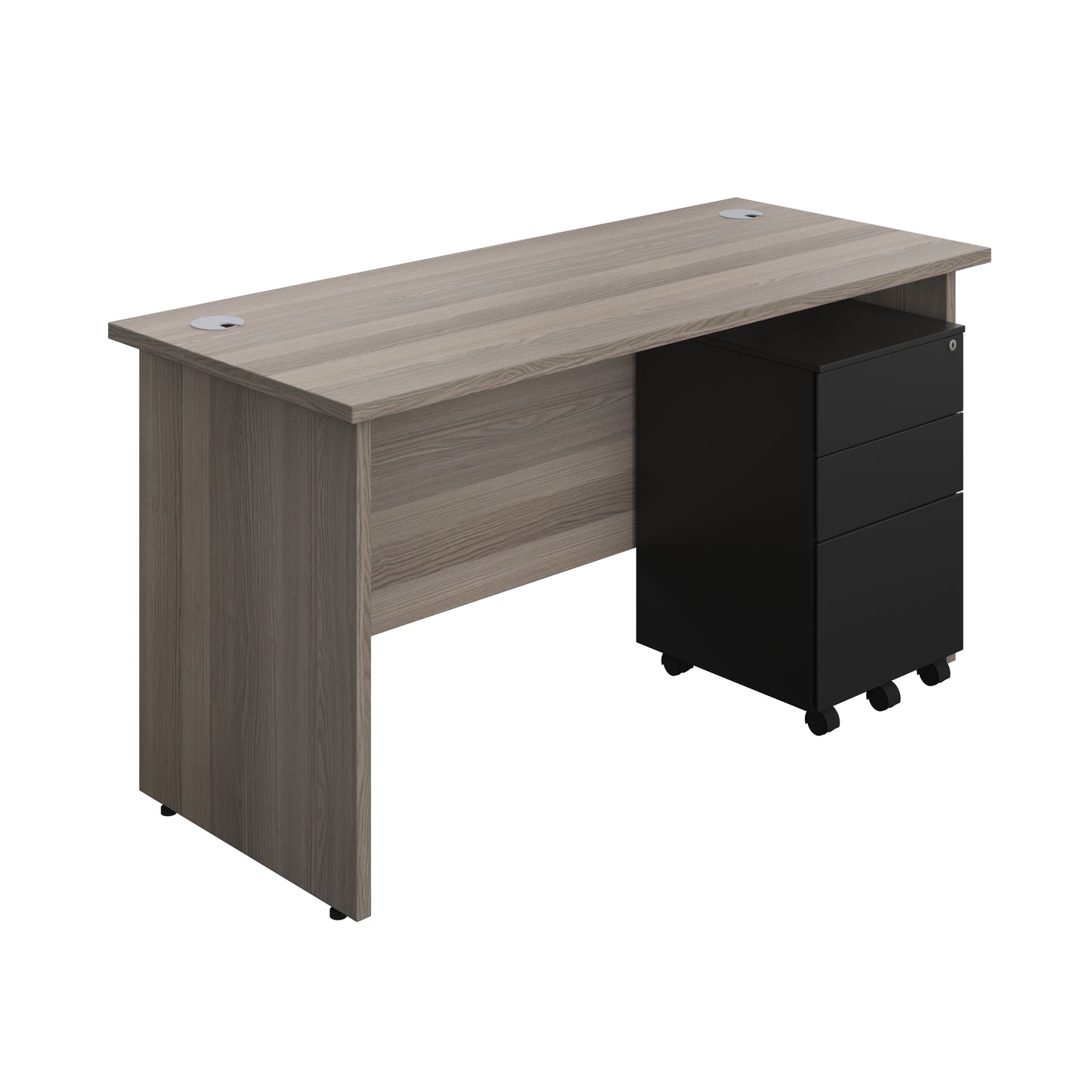 Aztec|Panel|Rectangular Desk with 3 Drawer Black Steel Pedestal|1400x600|Grey Oak