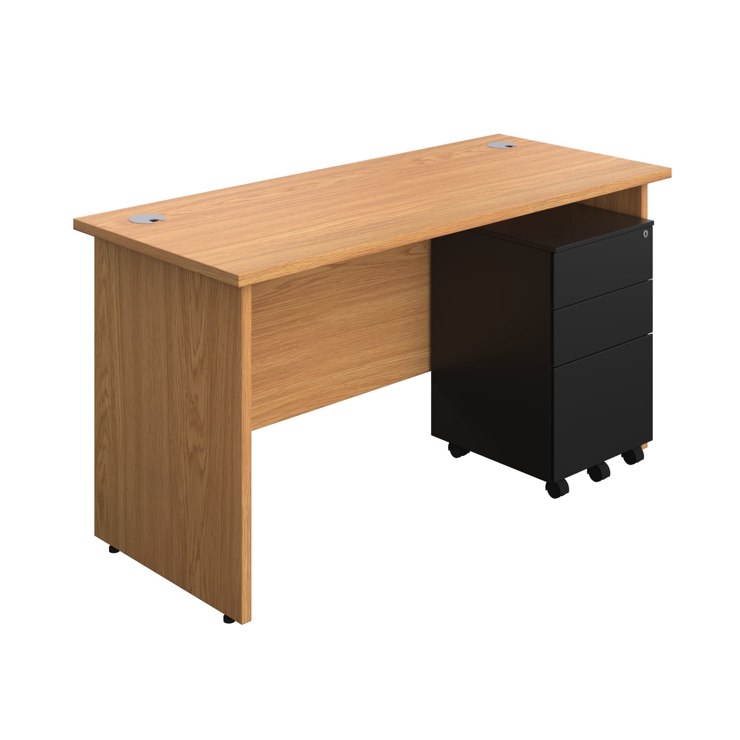 Aztec|Panel|Rectangular Desk with 3 Drawer Black Steel Pedestal|1400x600|Nova Oak