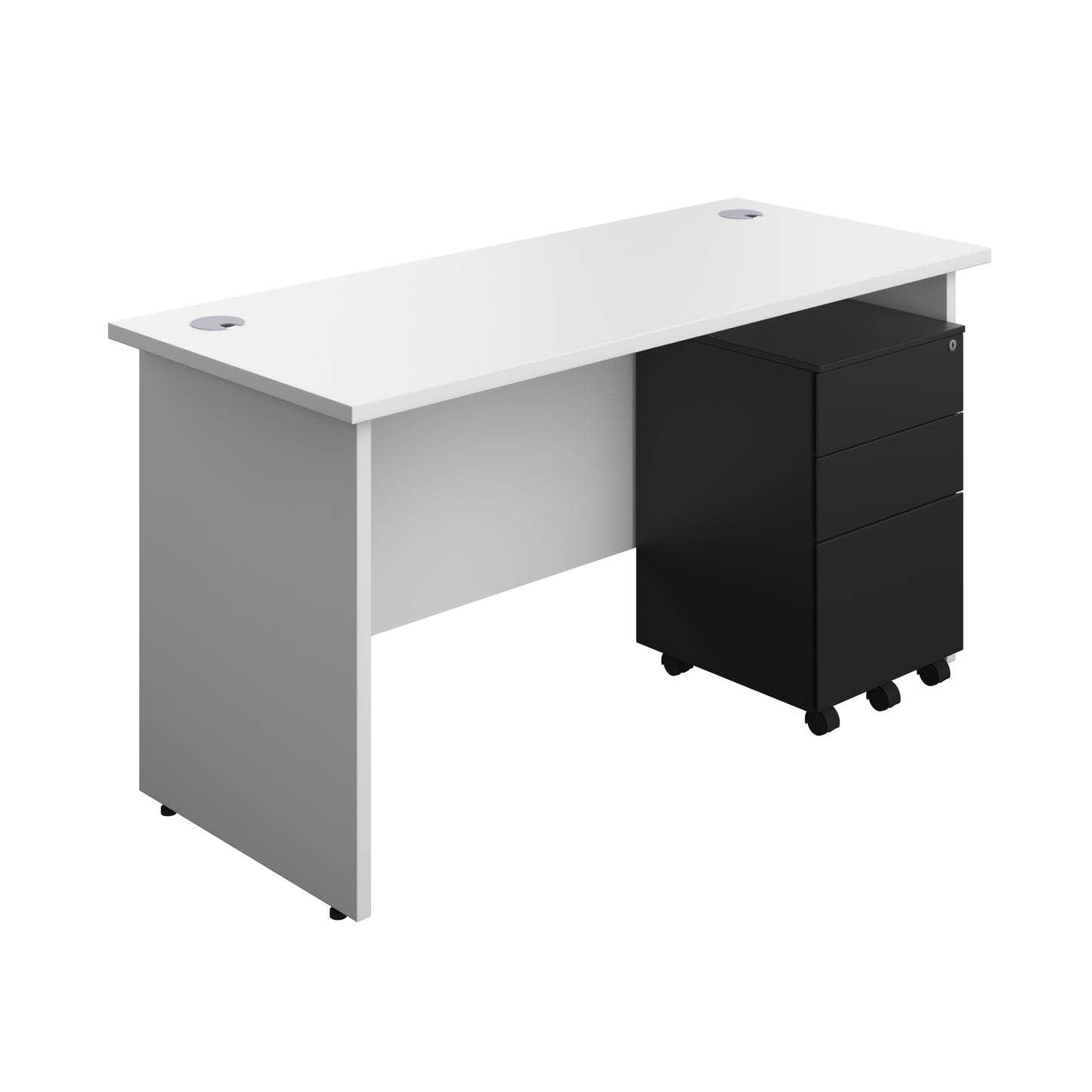 Aztec|Panel|Rectangular Desk with 3 Drawer Black Steel Pedestal|1400x600|White