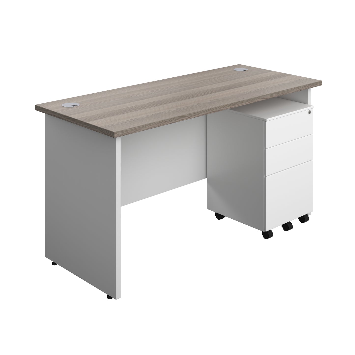 Aztec|Panel|Rectangular Desk with 3 Drawer Steel Pedestal|1400x600|Grey Oak-White