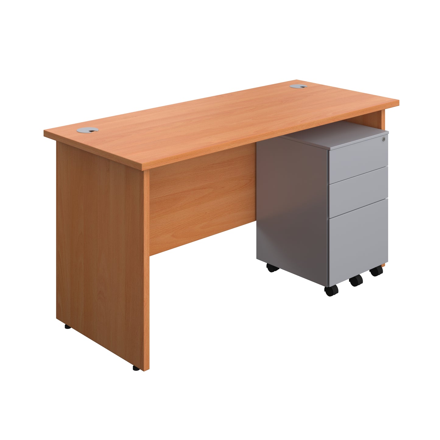 Aztec|Panel|Rectangular Desk with 3 Drawer Silver Steel Pedestal|1400x600|Beech