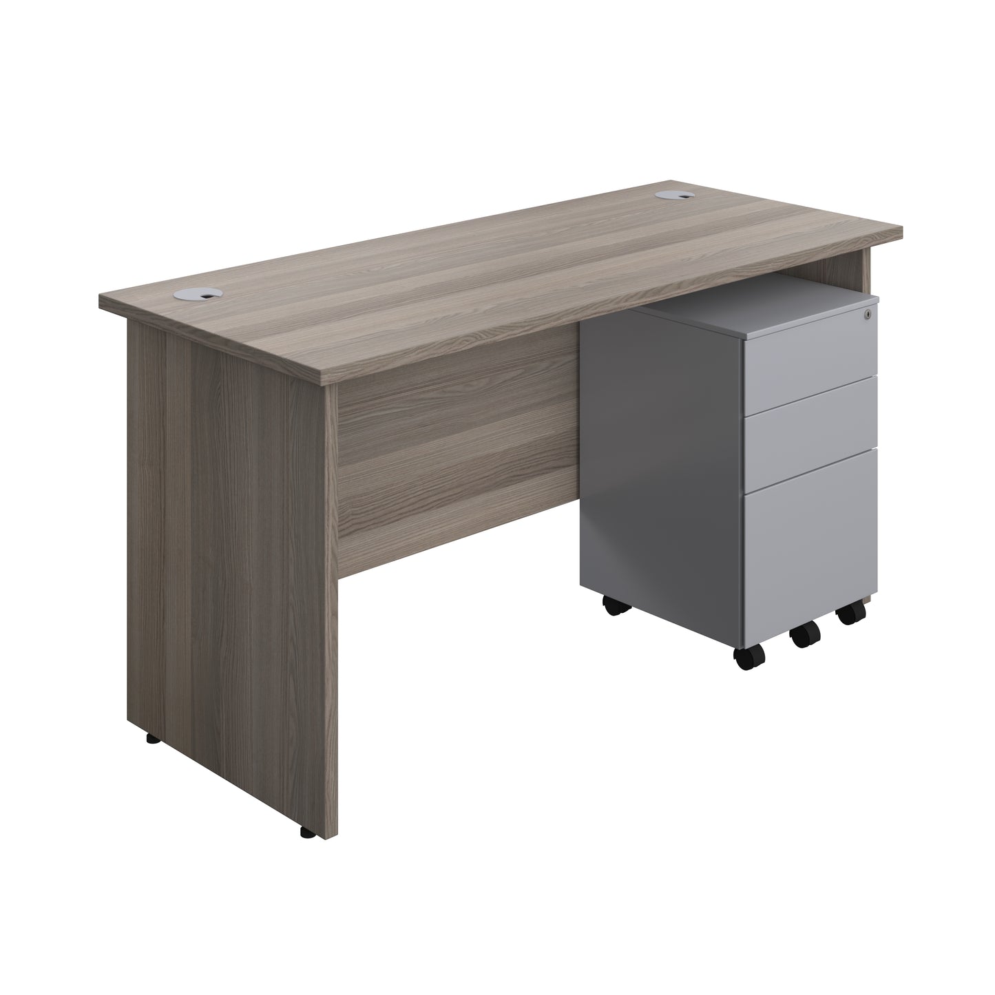 Aztec|Panel|Rectangular Desk with 3 Drawer Silver Steel Pedestal|1400x600|Grey Oak
