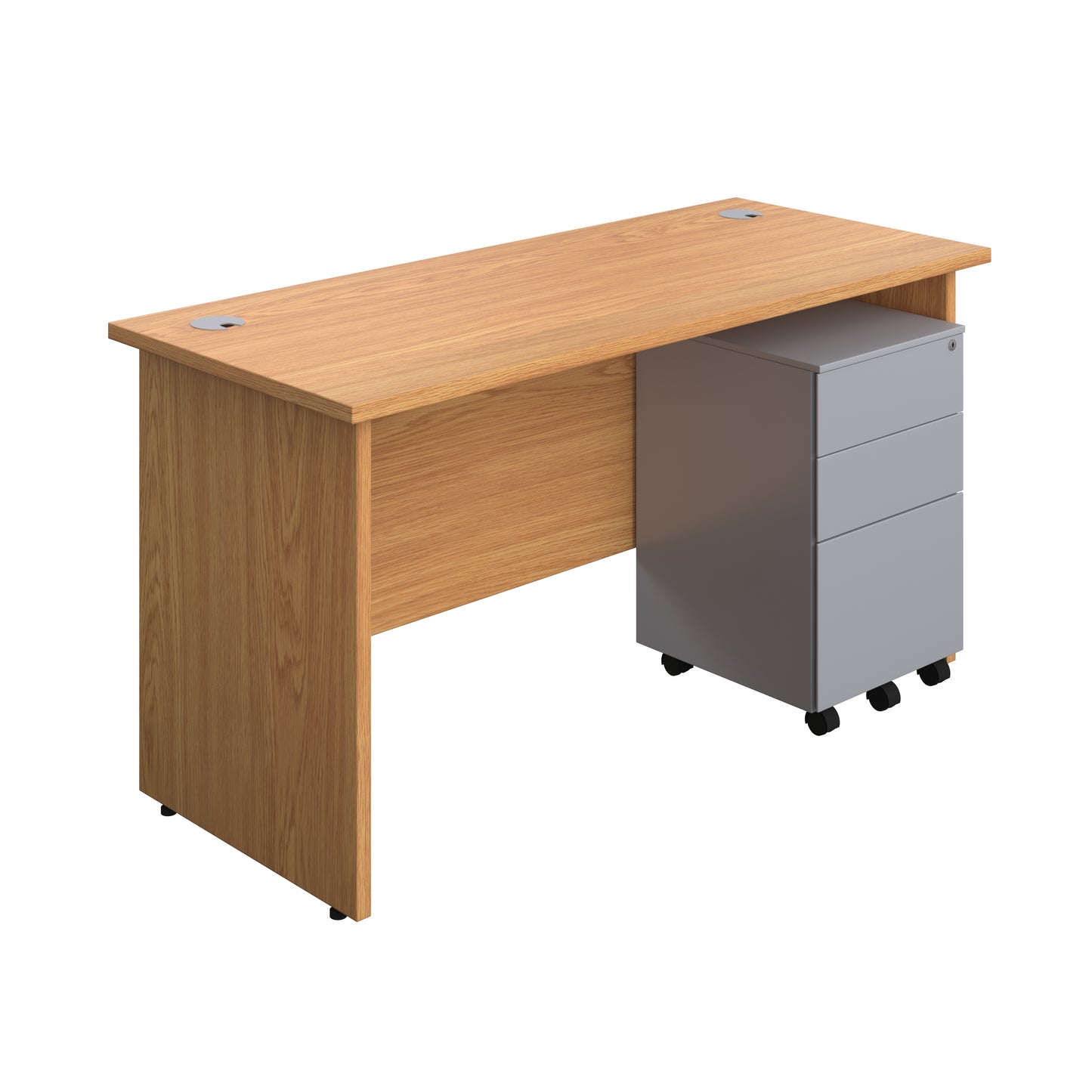 Aztec|Panel|Rectangular Desk with 3 Drawer Silver Steel Pedestal|1400x600|Nova Oak