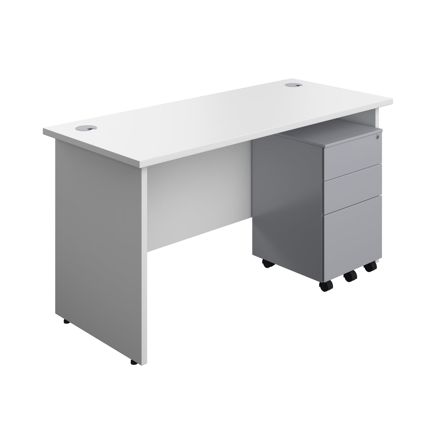 Aztec|Panel|Rectangular Desk with 3 Drawer Silver Steel Pedestal|1400x600|White