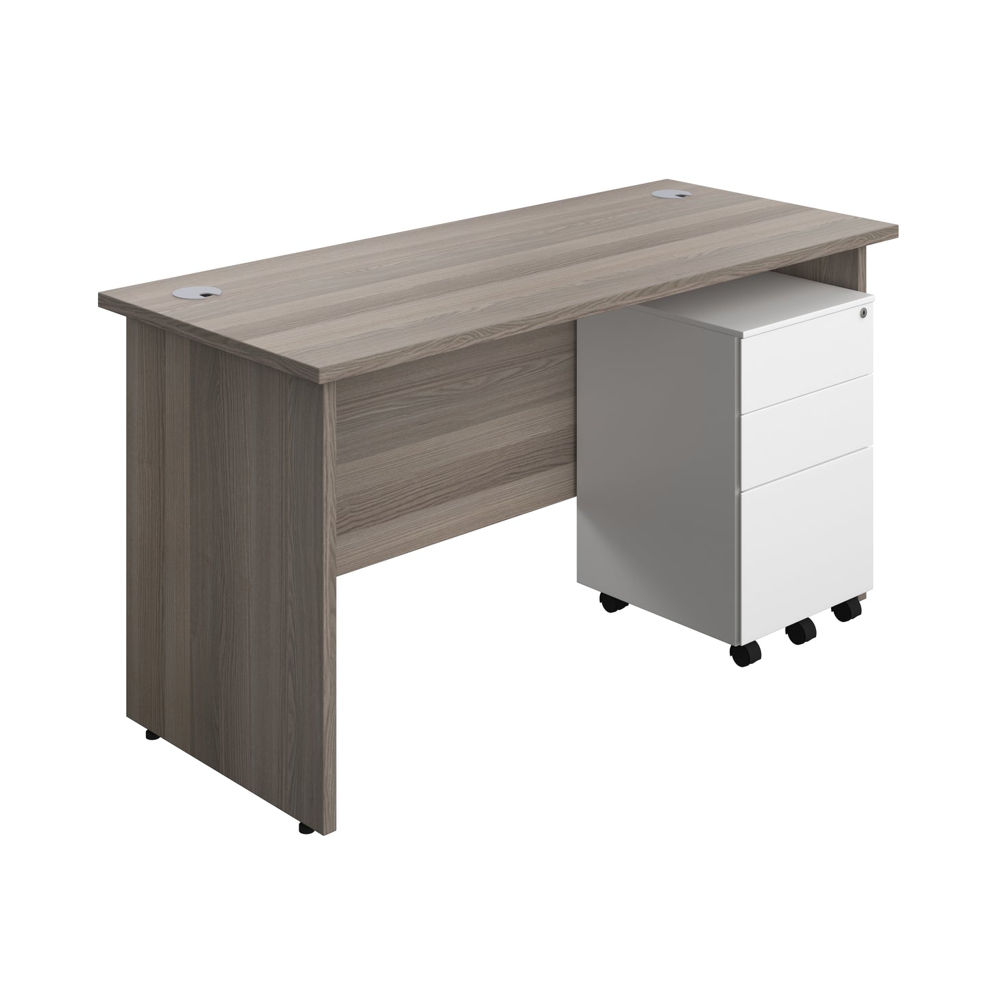 Aztec|Panel|Rectangular Desk with 3 Drawer White Steel Pedestal|1400x600|Grey Oak
