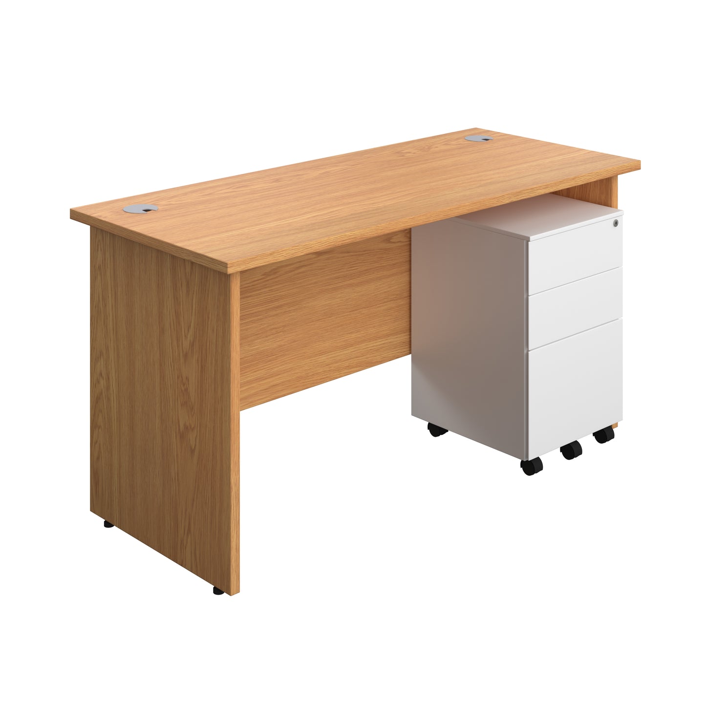 Aztec|Panel|Rectangular Desk with 3 Drawer White Steel Pedestal|1400x600|Nova Oak