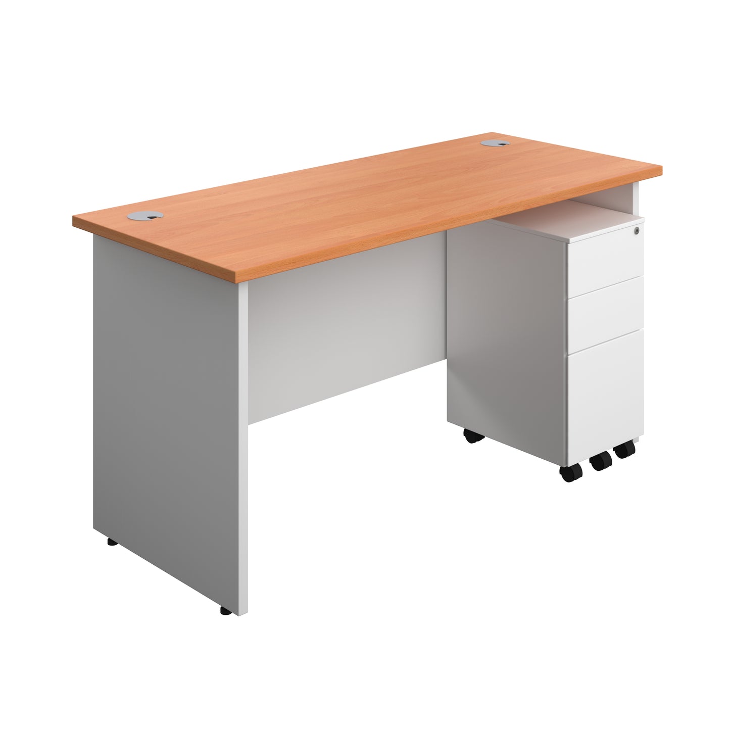 Aztec|Panel|Rectangular Desk with 3 Drawer Slimline Steel Pedestal|1400x600|Beech-White