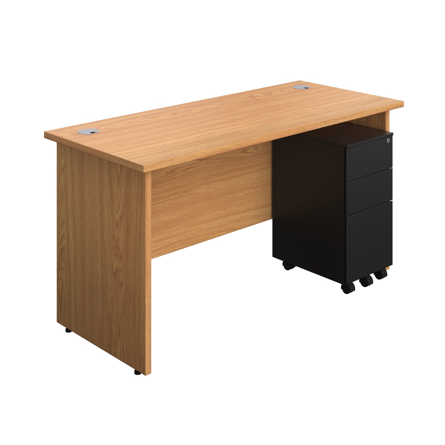 Aztec|Panel|Rectangular Desk with 3 Drawer Black Slimline Steel Pedestal|1400x600|Nova Oak