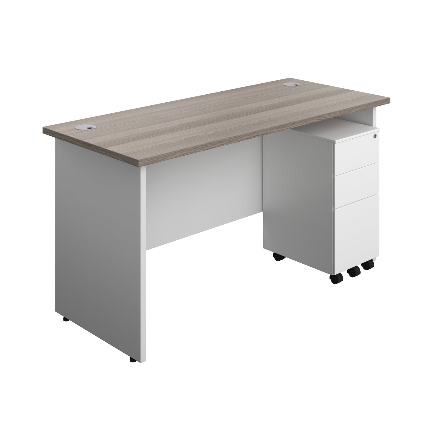 Aztec|Panel|Rectangular Desk with 3 Drawer Slimline Steel Pedestal|1400x600|Grey Oak-White