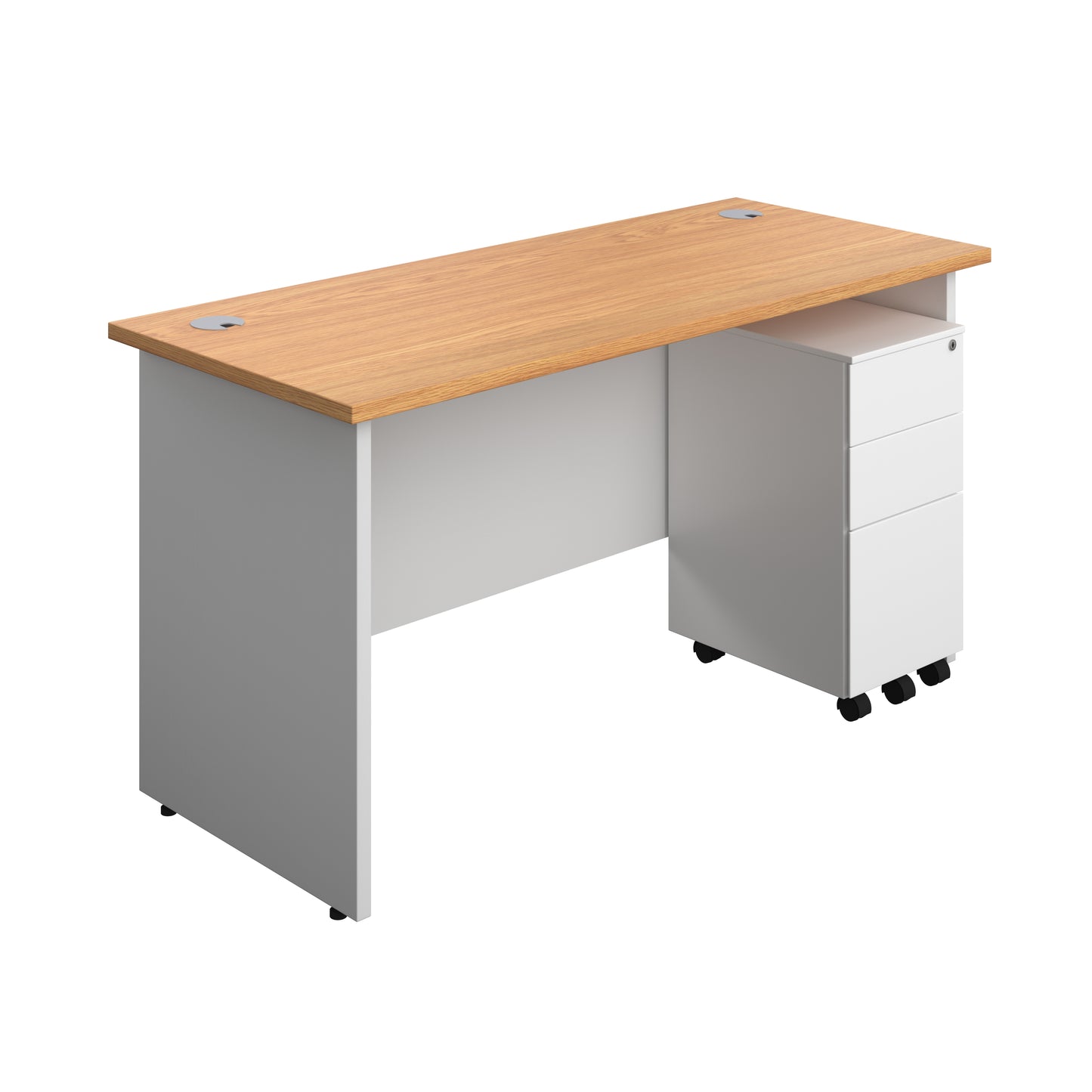 Aztec|Panel|Rectangular Desk with 3 Drawer Slimline Steel Pedestal|1400x600|Nova Oak-White