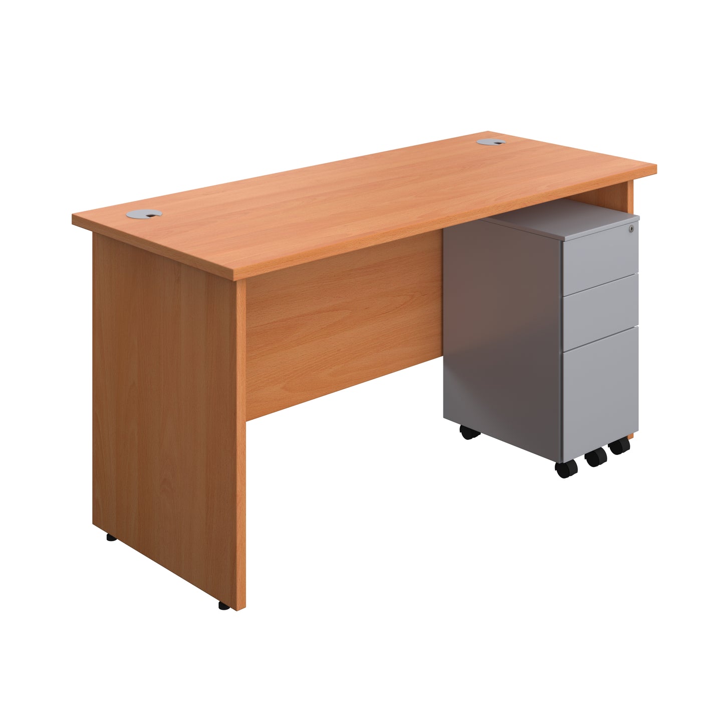 Aztec|Panel|Rectangular Desk with 3 Drawer Silver Slimline Steel Pedestal|1400x600|Beech