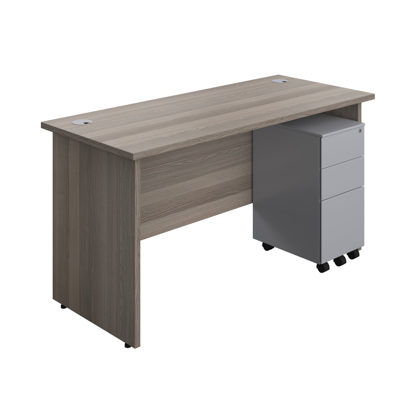 Aztec|Panel|Rectangular Desk with 3 Drawer Silver Slimline Steel Pedestal|1400x600|Grey Oak