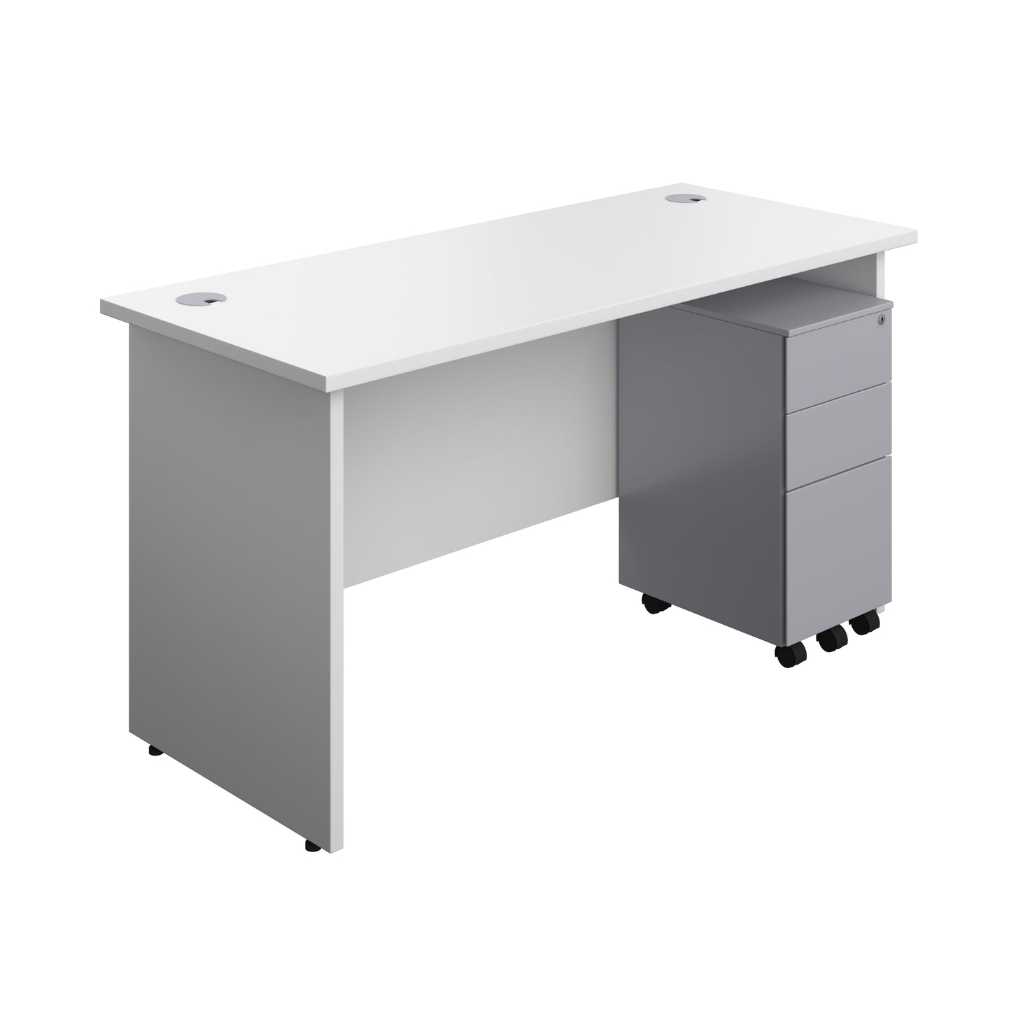 Aztec|Panel|Rectangular Desk with 3 Drawer Silver Slimline Steel Pedestal|1400x600|White