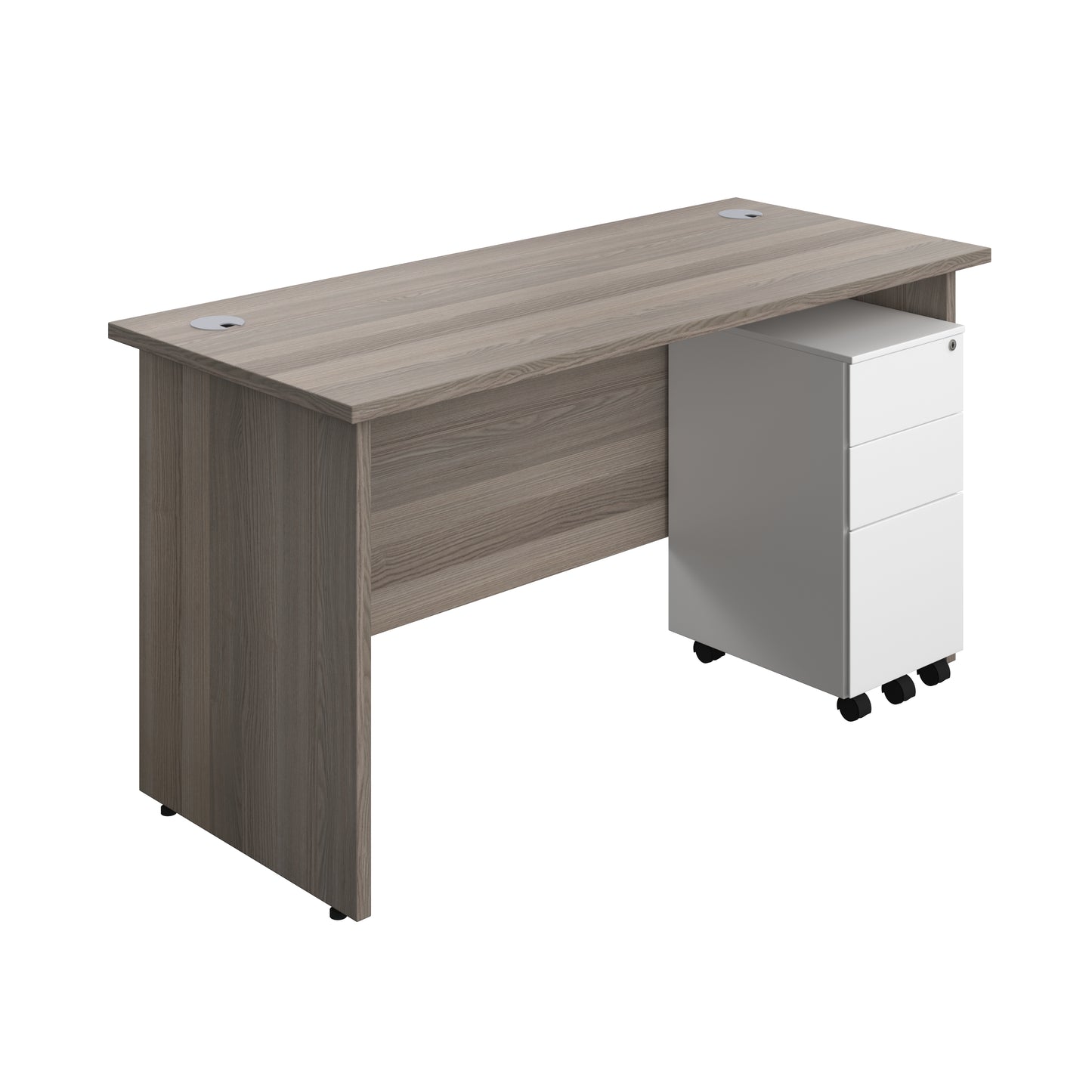 Aztec|Panel|Rectangular Desk with 3 Drawer White Slimline Steel Pedestal|1400x600|Grey Oak
