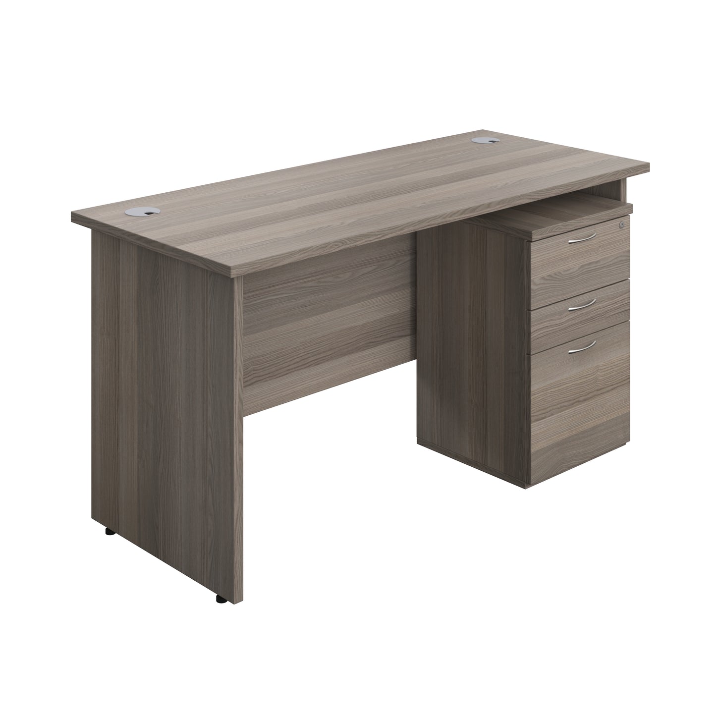 Aztec|Panel|Rectangular Desk with 3 Drawer Under Desk Pedestal|1400x600|Grey Oak