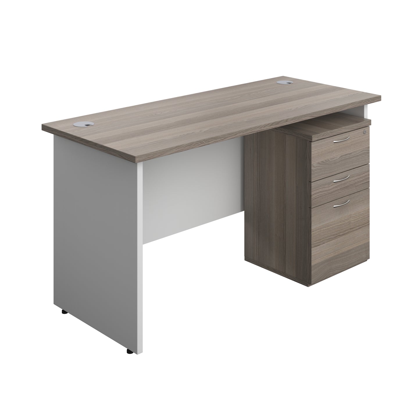Aztec|Panel|Rectangular Desk with 3 Drawer Under Desk Pedestal|1400x600|Grey Oak-White