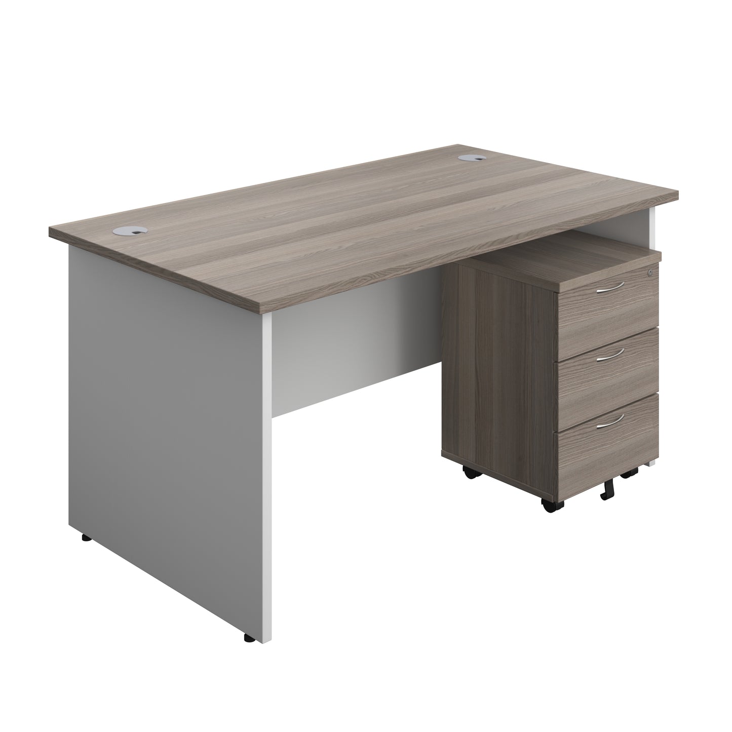 Aztec|Panel|Rectangular Desk with 3 Drawer Mobile Pedestal|1400x800|Grey Oak-White