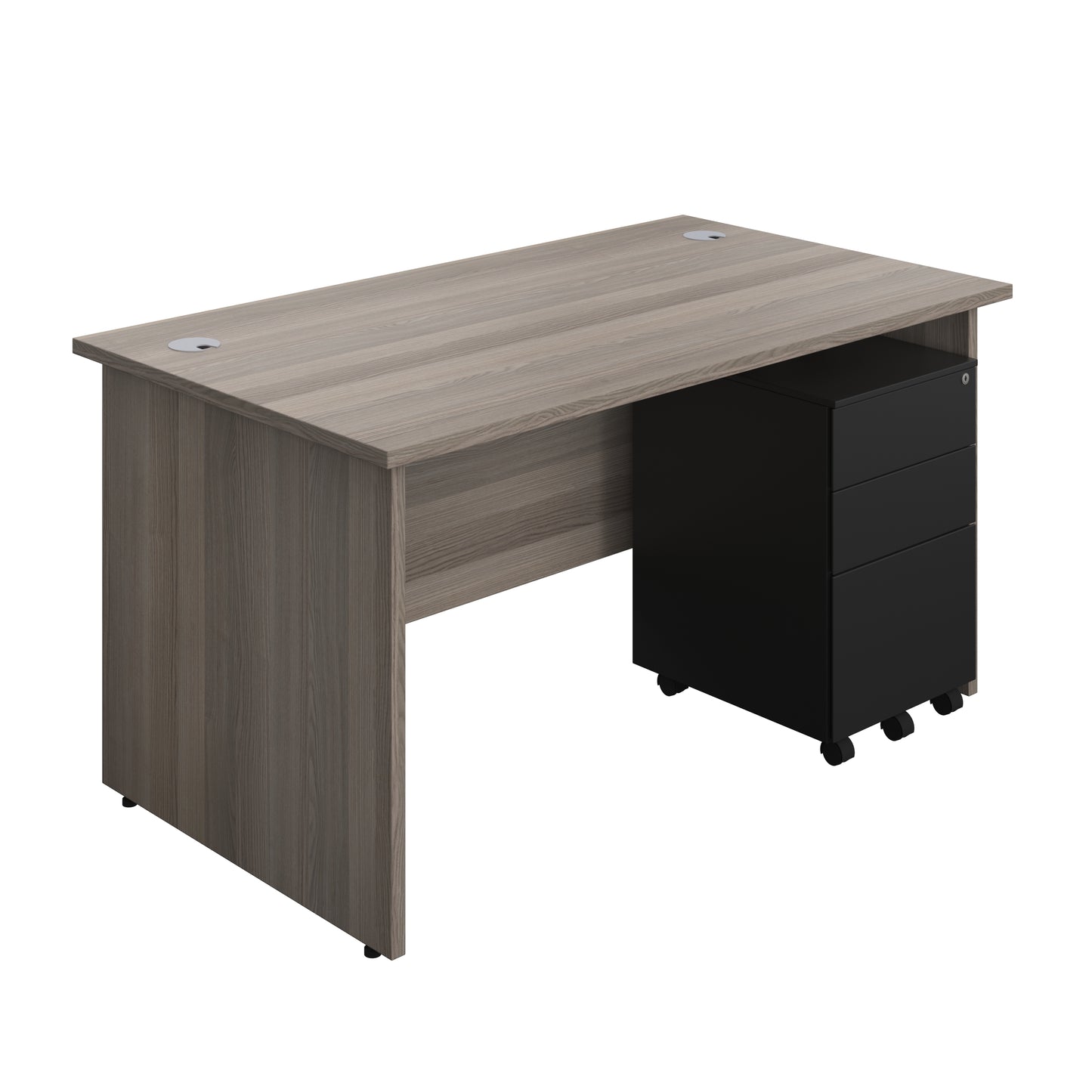Aztec|Panel|Rectangular Desk with 3 Drawer Black Steel Pedestal|1400x800|Grey Oak