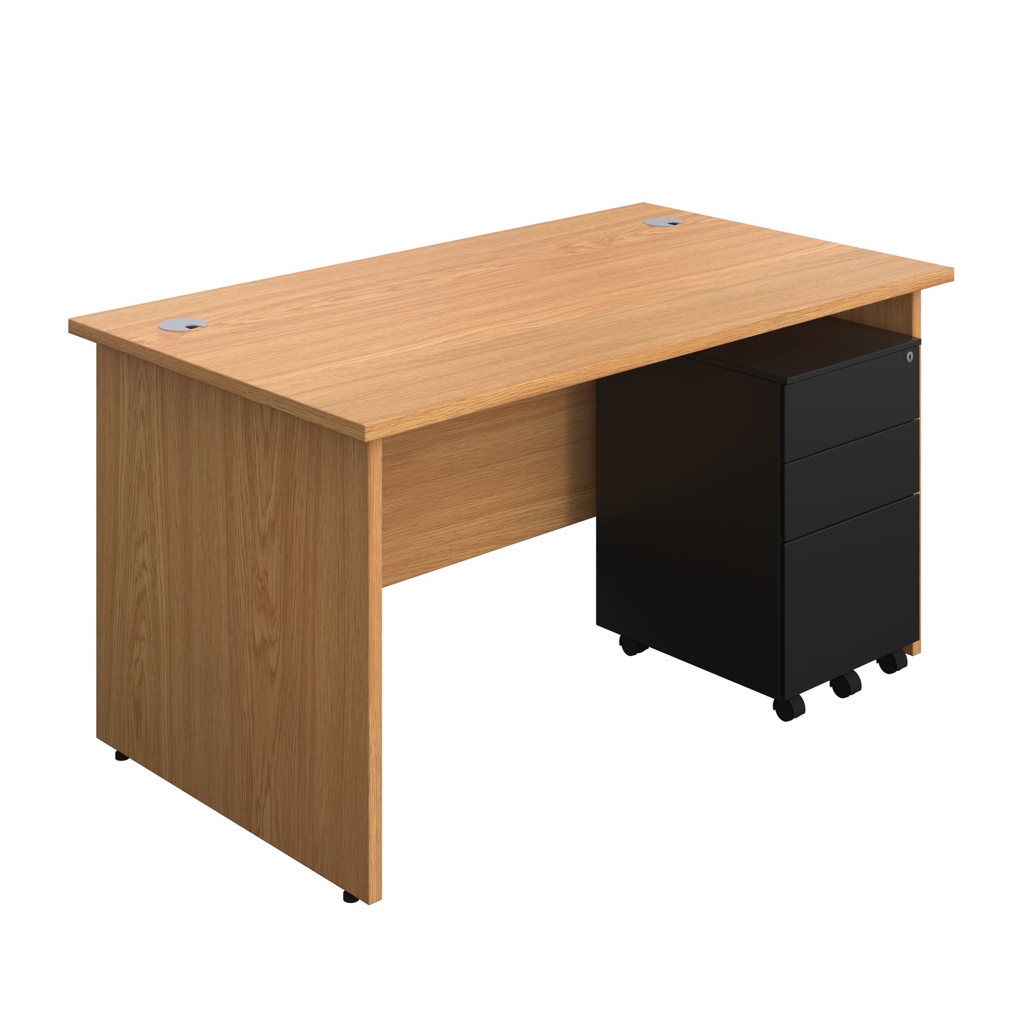 Aztec|Panel|Rectangular Desk with 3 Drawer Black Steel Pedestal|1400x800|Nova Oak