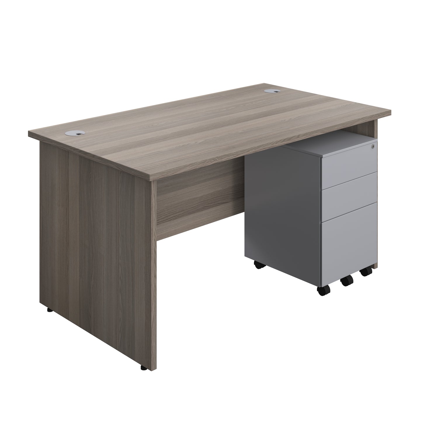 Aztec|Panel|Rectangular Desk with 3 Drawer Silver Steel Pedestal|1400x800|Grey Oak