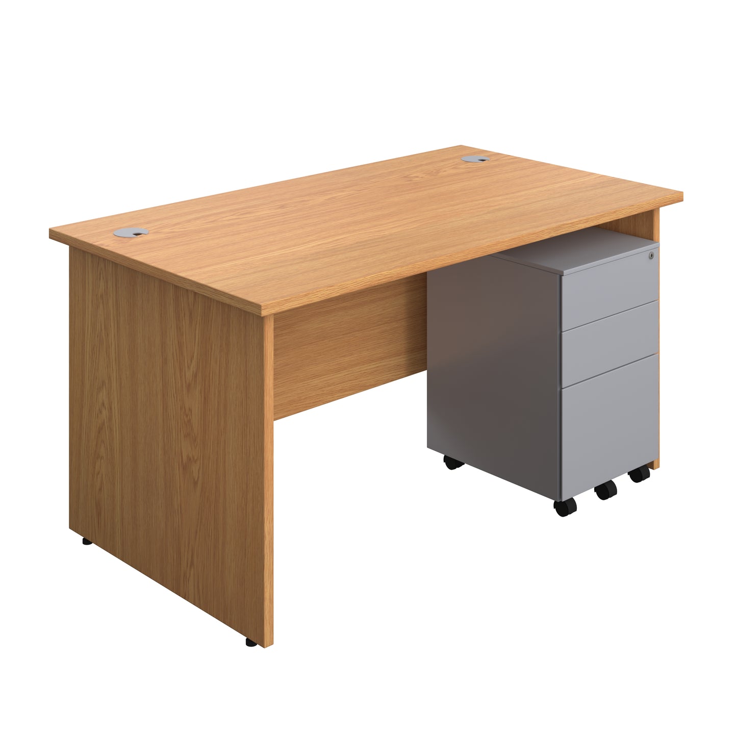Aztec|Panel|Rectangular Desk with 3 Drawer Silver Steel Pedestal|1400x800|Nova Oak